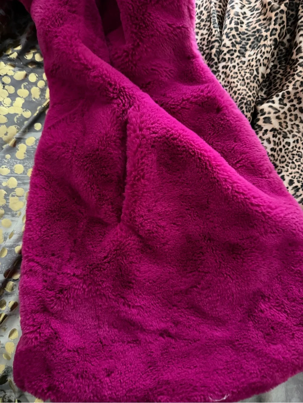 Betsey Johnson Fuchsia Plush Pea Coat with Leopard Lining